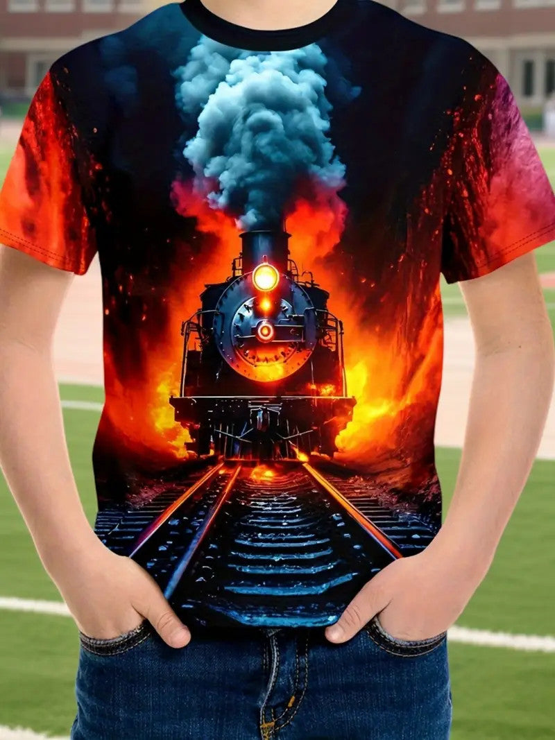 Flaming Train Graphic T-Shirt Size 5-6