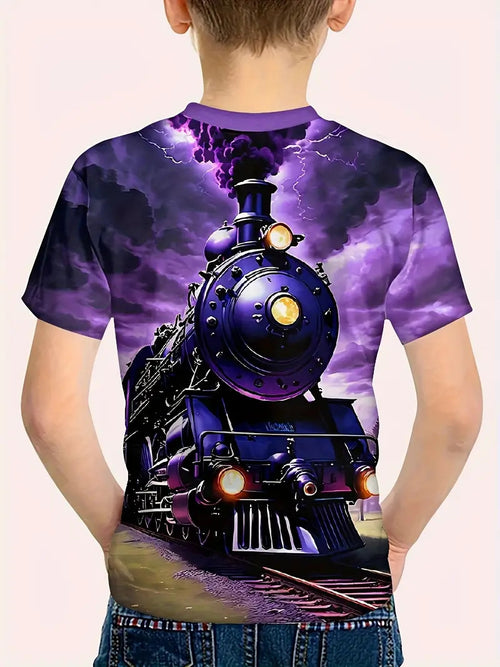 3D  Vibrant Purple & Black Steam Locomotive Shirt Size 5-6