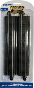 Bachmann Trains - Snap-Fit E-Z TRACK 9” STRAIGHT TRACK (4/card) - STEEL ALLOY Rail With Black Roadbed - HO Scale 