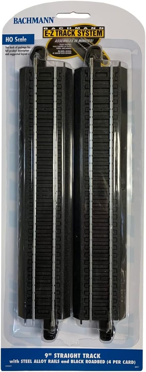 Bachmann Trains - Snap-Fit E-Z TRACK 9” STRAIGHT TRACK (4/card) - STEEL ALLOY Rail With Black Roadbed - HO Scale 
