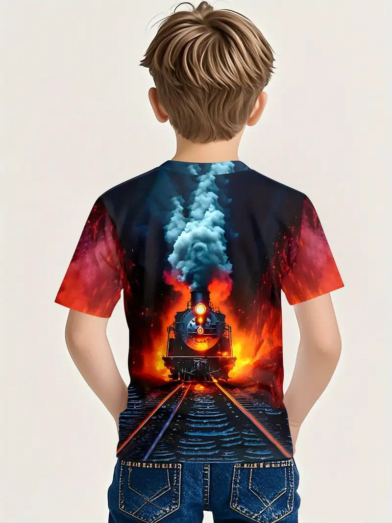 Flaming Train Graphic T-Shirt Size 5-6