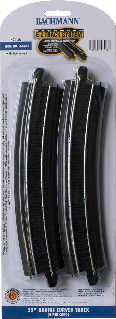 Bachmann Trains - Snap-Fit E-Z TRACK 22” RADIUS CURVED TRACK (4/card) - STEEL ALLOY Rail With Black Roadbed - HO Scale