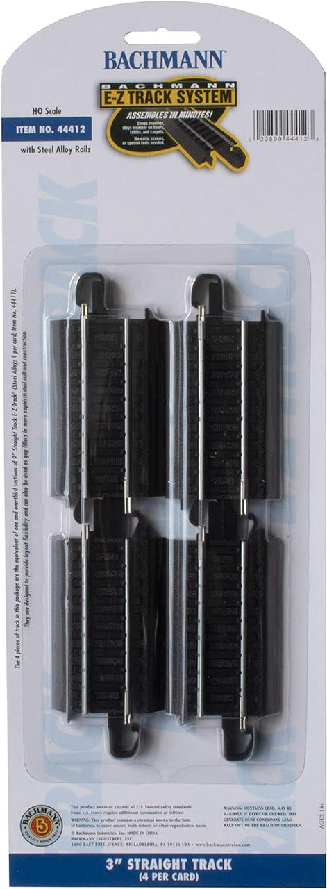 Bachmann Trains - Snap-Fit E-Z TRACK 3” STRAIGHT TRACK (4/card) - STEEL ALLOY Rail With Black Roadbed - HO Scale