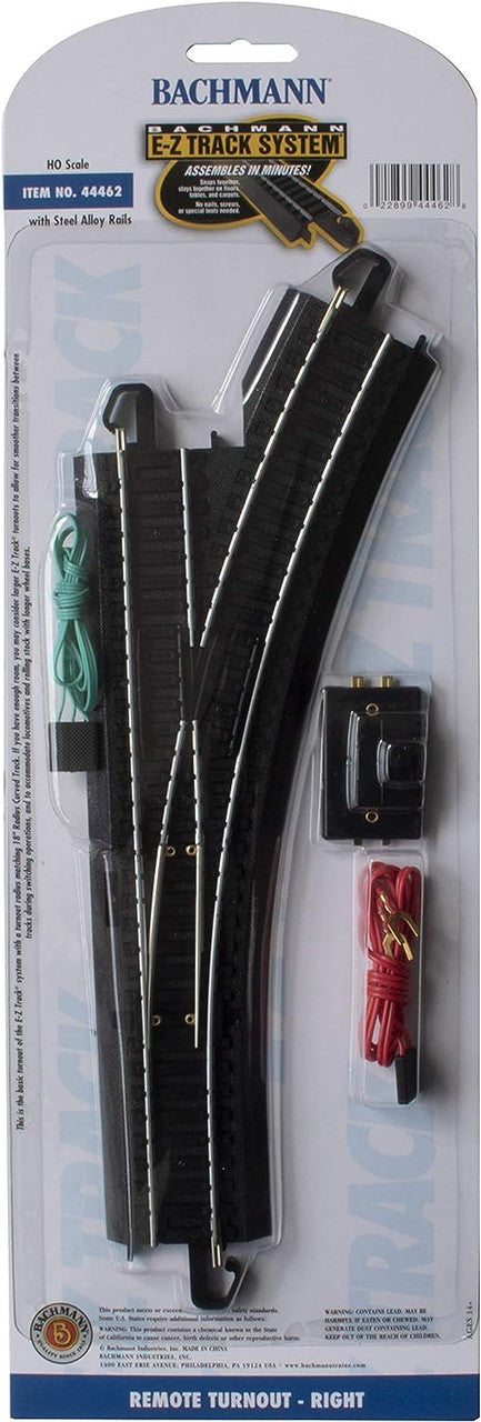 Bachmann Trains - Snap-Fit E-Z TRACK REMOTE TURNOUT - RIGHT (1/card) - STEEL ALLOY Rail With Black Roadbed - HO Scale