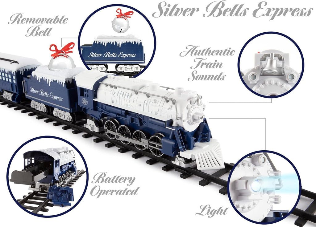 Lionel Battery-Operated Silver Bells Express Toy Train Set with Locomotive, Train Cars, Track & Remote with Authentic Train Sounds, & Lights for Kids 4+