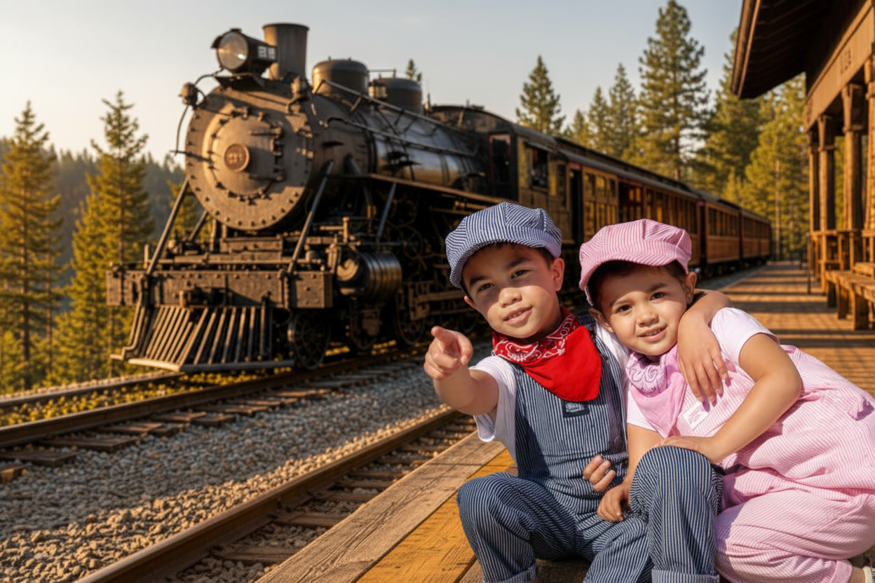 Two children dressed as a conductor and a station master pose in front of a vintage steam locomotive on a railway track. The child on the left wears a blue cap, red bandana, and blue pinstripe vest, pointing forward.