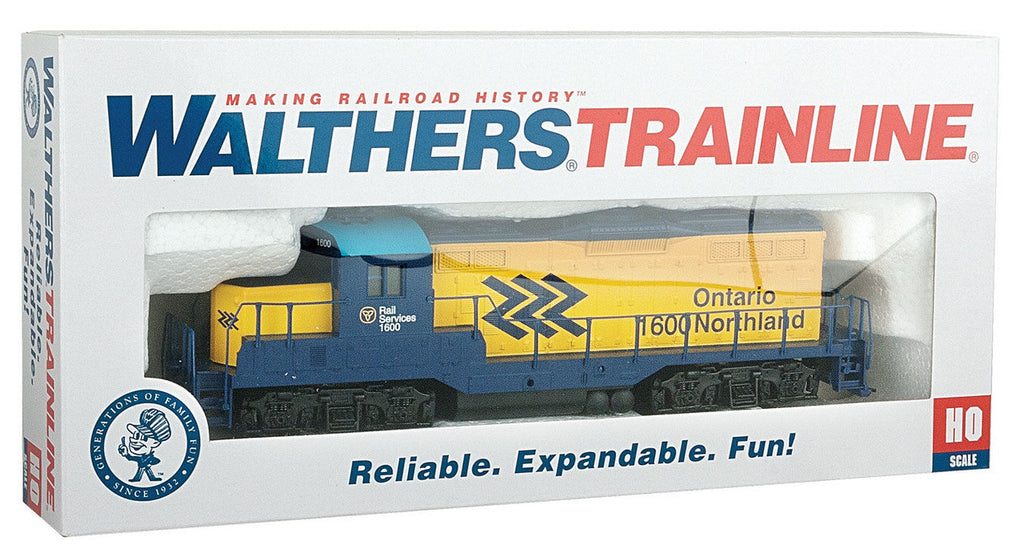 EMD GP9M - Standard DC -- Ontario Northland #1600 (yellow, blue; Chevrons Logo)