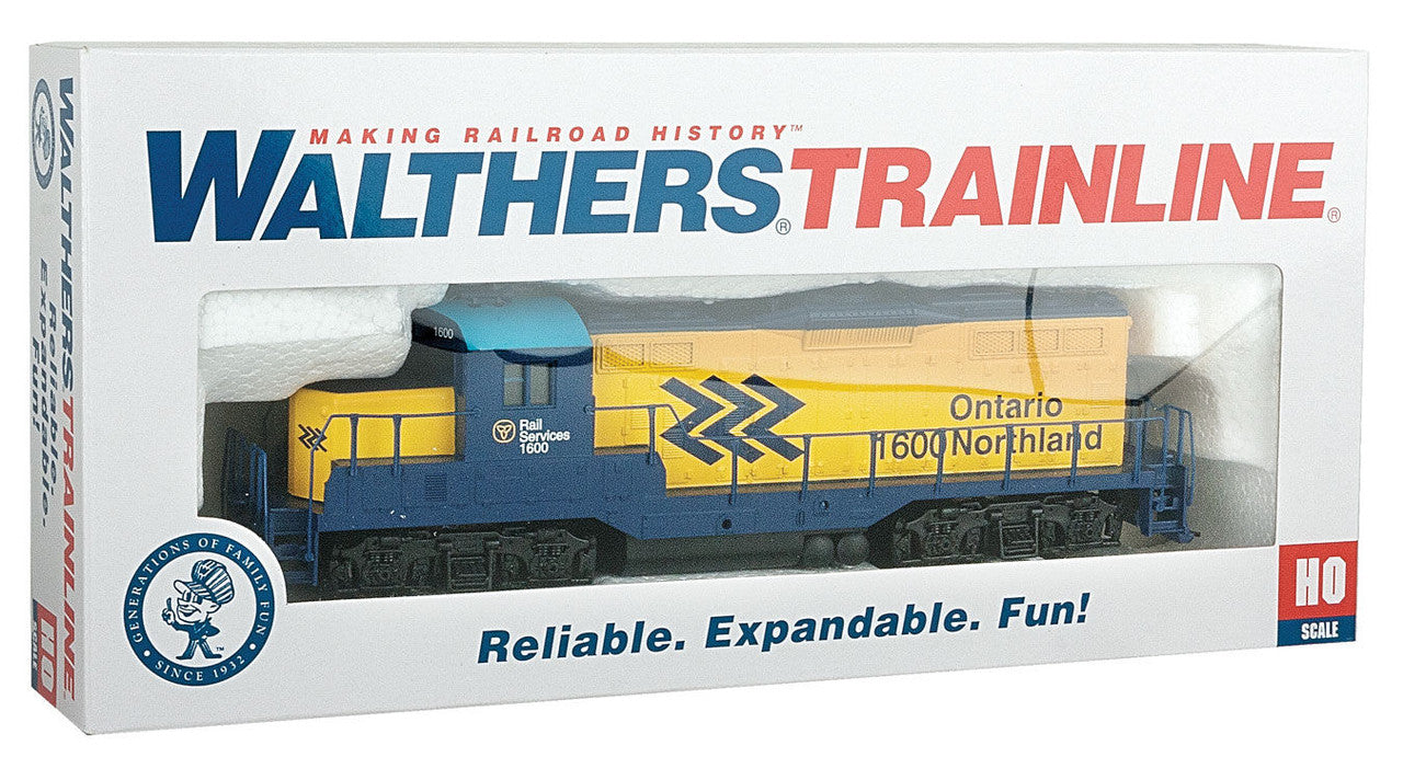 EMD GP9M - Standard DC -- Ontario Northland #1600 (yellow, blue; Chevrons Logo)