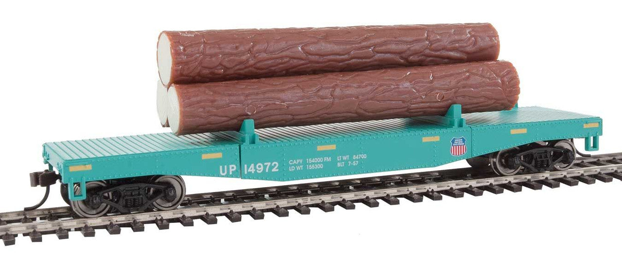 Log Dump Car with 3 Logs - Ready to Run -- Union Pacific 14972 (MOW Scheme; green, yellow Conspicuity Marks)