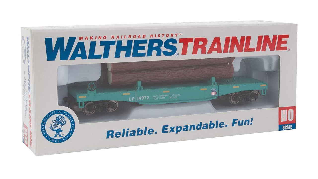 Log Dump Car with 3 Logs - Ready to Run -- Union Pacific 14972 (MOW Scheme; green, yellow Conspicuity Marks)